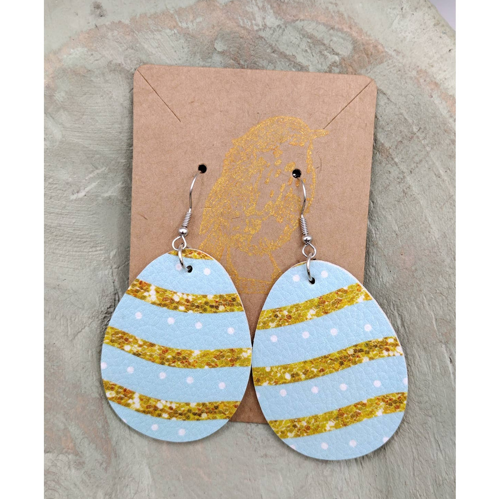 Blue Striped Easter Egg Glitter Dangle Earrings